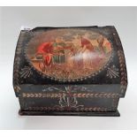Regency decoupage and painted lidded stationery box, the sloped lid with oval printed panel of