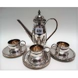 WMF silver plate part coffee set, comprising coffee pot and three coffee cans and saucers.