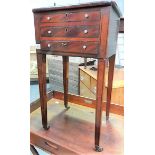 19th Century mahogany ebony strung small work table, the hinge lidded top over a dummy drawer and