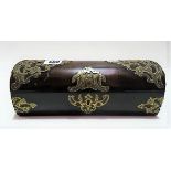 Victorian ebonised rectangular dome lid stationary box with foliate brass strapwork, hinged to