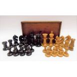 Box wood and hardwood Staunton pattern chess set within oak box with sliding lid, height of Queen