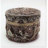 Chinese silver cylindrical box embossed with coiled dragons amongst clouds, makers mark CL and