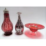 Edwardian silver encased, pierced and engraved cranberry glass bottle vase, hallmark Birmingham 1902