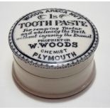 19th Century transfer printed pot, the lid inscribed WOODS ARECA NUT 1S TOOTHPASTE... PROPRIETOR