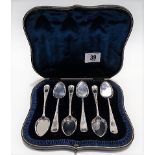Cased set of six Victorian silver bright cut spoons with flattened bowls, maker GJ DF, London