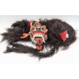 Tibetan carved wood and painted Gompa mask with large hair covering