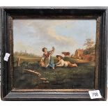 18th Century oil on panel depicting a bucolic scene with boy and girl within a landscape with cattle