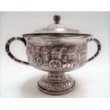 19th Century Indian white metal twin handled pedestal lidded cup, the lid with ball finial and
