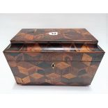 Good early 19th Century Tunbridge ware parquetry wood specimen tea caddy, the hinged lid revealing