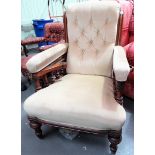 Victorian walnut framed gentleman's library chair, the button upholstered back over two