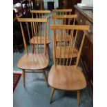 Set of five Ercol pale elm and beech dining chairs with comb backs