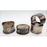 Four various silver hallmarked napkin rings, weight 3.40oz approx