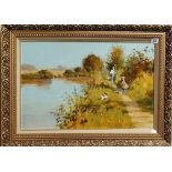 JOHN HASKINS Walk on the Riverbank Oil on board Signed 38cm x 58cm