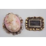 19th Century gold mourning brooch with glazed hair panel; together with a 9ct gold mounted cameo