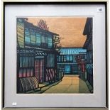 CLIFTON KARHU (A.R.R.) 'Riridoshi-Gion' Colour woodcut print Signed, inscribed and dated '77 in