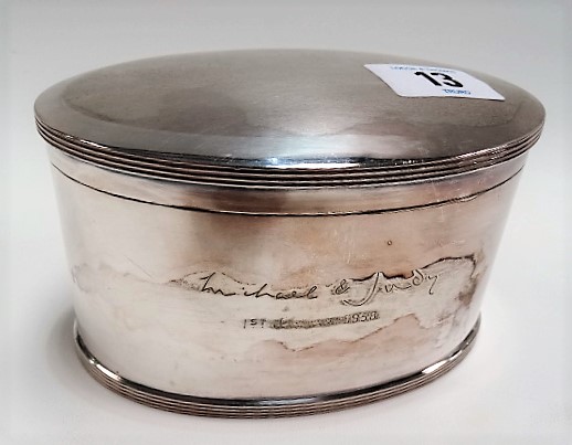 Modern silver oval hinge lidded box with engraved dedication, maker H.A., Sheffield 1951, weight