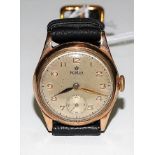 9ct gold Roidor gentlemen's manual wind wristwatch, the 24mm silvered dial with gilt Arabic numerals