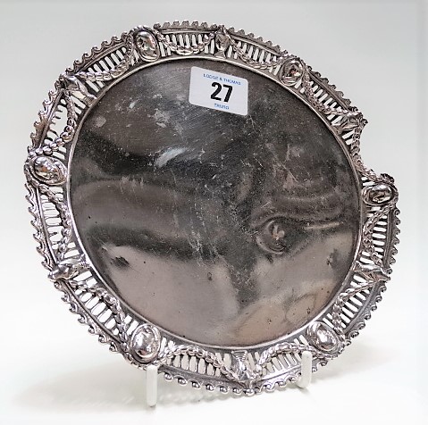 Victorian silver Neo Classical style card tray with pierced mask and harebell swag rim and raised on - Image 2 of 2