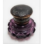 Victorian amethyst cut glass squat scent bottle with white metal screw lid by S. Mordan & Company,