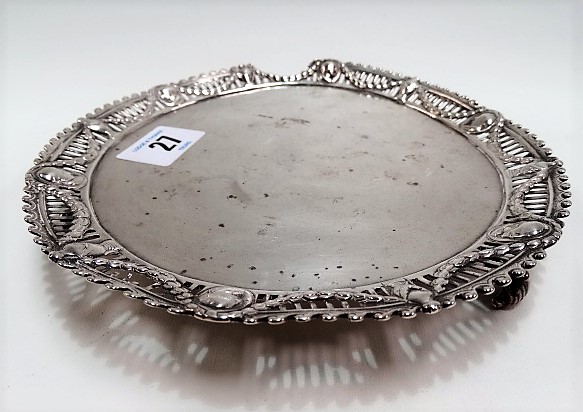 Victorian silver Neo Classical style card tray with pierced mask and harebell swag rim and raised on