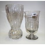 19th Century facet cut glass pedestal celery vase, height 19cm (chip to rim); together with a cut