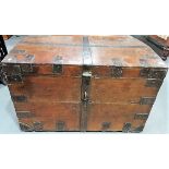 Good Victorian oak iron bound silver chest, the slightly domed hinged top revealing a later blue