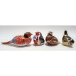 Four modern Royal Crown Derby bird paperweights in Imari patterns (one with missing button).