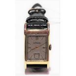 14ct gold Le Coultre rectangular gentlemen's manual wind wristwatch, the 21mm silvered dial with