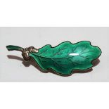 Scandinavian silver gilt green enamel brooch in the form of an acorn leaf, the back stamped 925 S.