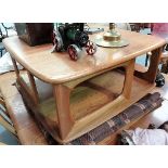 Ercol pale elm square section two-tier coffee table with two drawers, width 79cm