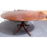 19th Century mahogany oval tilt top breakfast pedestal table with four outswept legs with brass caps