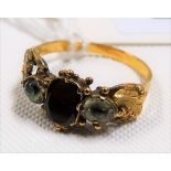 Victorian gold garnet & green stone set three stone ring, weight 1.9g approx