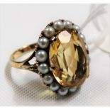 Modern 9ct hallmarked gold citrine & pearl set cocktail ring, weight 6.1g approx