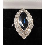Good platinum (untested) diamond and sapphire cluster ring, the marquise sapphire of 3ct spread