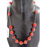 High purity gold chain & carnelian bead necklace, length 50cm