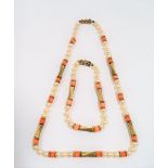9ct gold pearl and coral bead necklace with 9ct gold clasp and with gold bar and thread spacers,