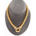 Modern 18ct gold hollow link rope twist necklace with large ring clasp, stamped 750, Italy and