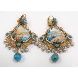 Pair of continental gilt filigree blue stone & pearl set drop earrings, each painted with an oval
