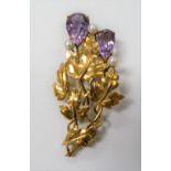 Modern 9ct gold leaf openwork brooch set with two pear cut amethysts & three pearls, stamped to
