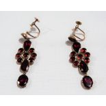 Pair of 9ct rose gold garnet set drop earrings, drop length 35mm, weight 4.8g approx.