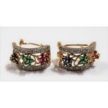 Pair of modern 9ct gold diamond chip ruby, emerald & sapphire clip earrings, weight 5.7g approx