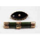 Gold mounted onyx pearl set lunette shaped brooch, width 35mm; together with a gold mounted jade bar