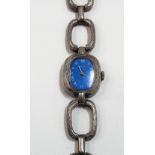 Retro silver ladies manual wind wristwatch, the blue dial signed Ciconia & with a textured link