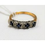 9ct hallmarked gold sapphire and diamond chip seven stone half eternity ring, weight 1.6g approx.