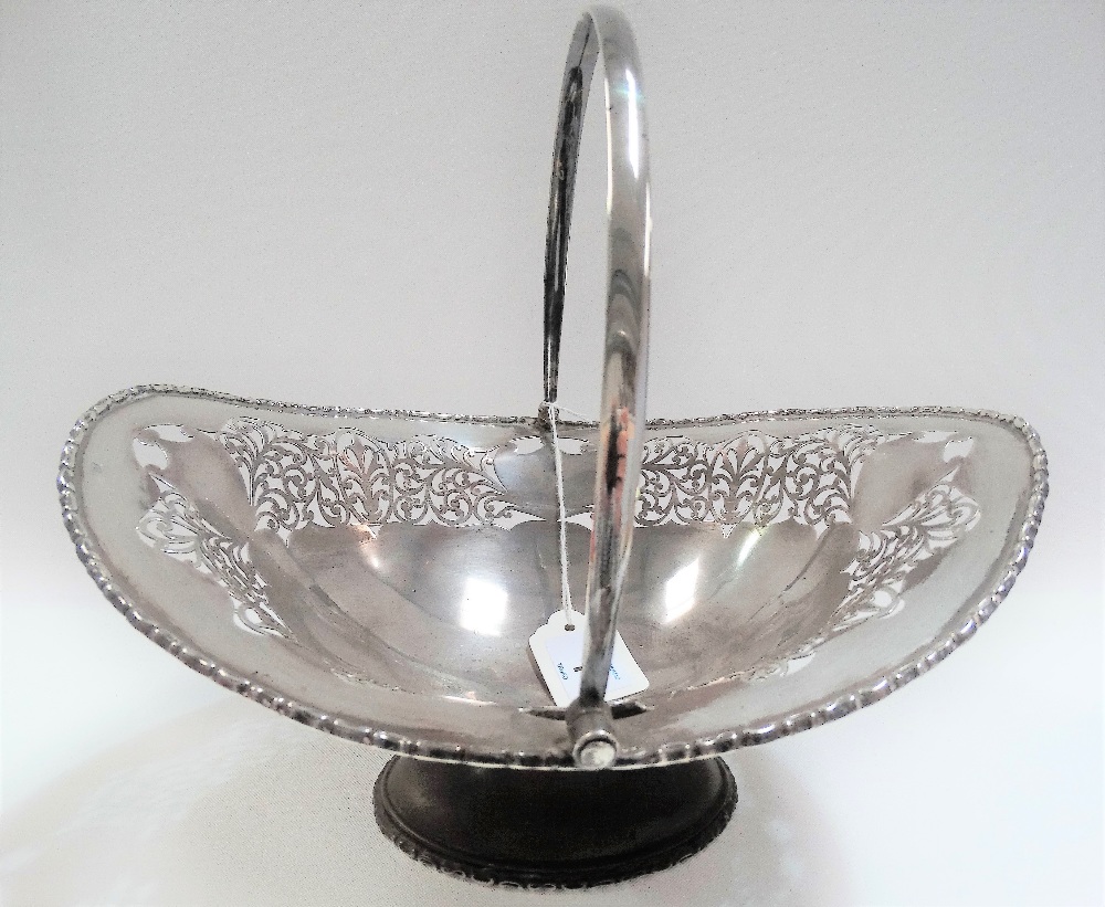 George VI silver fruit bowl with swing handle and foliate scroll pierced, upon oval pedestal, - Image 2 of 2