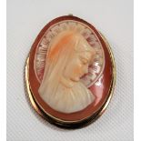 Italian 18ct gold mounted shell cameo brooch carved with the bust of Virgin Mary, 35mm x 27mm,