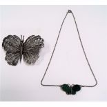 Silver filigree butterfly brooch; together with a silver malachite pendant necklace, weight 19.5g