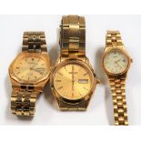 Two Seiko gents quartz gold plated bracelet wristwatches; together with a ladies Seiko gold plated