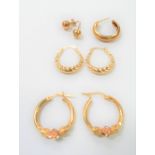 Three pairs of 9ct gold earrings and one other, total weight 4.4g approx.