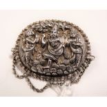 Indian white metal Repousse oval brooch decorated in relief with three immortals, width 40mm, weight